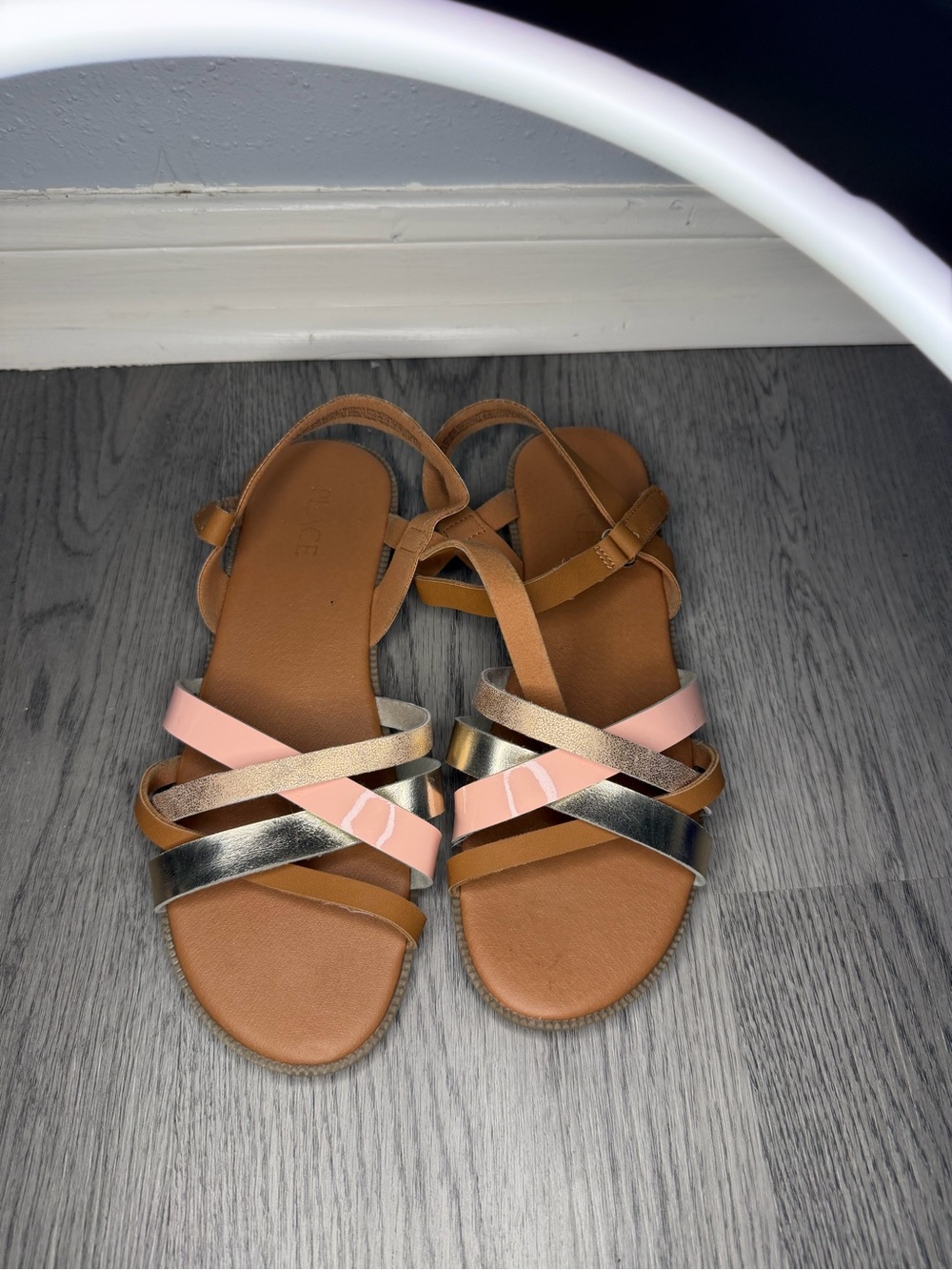 The Children's Place Tan Sandals with Pink and Metallic Straps